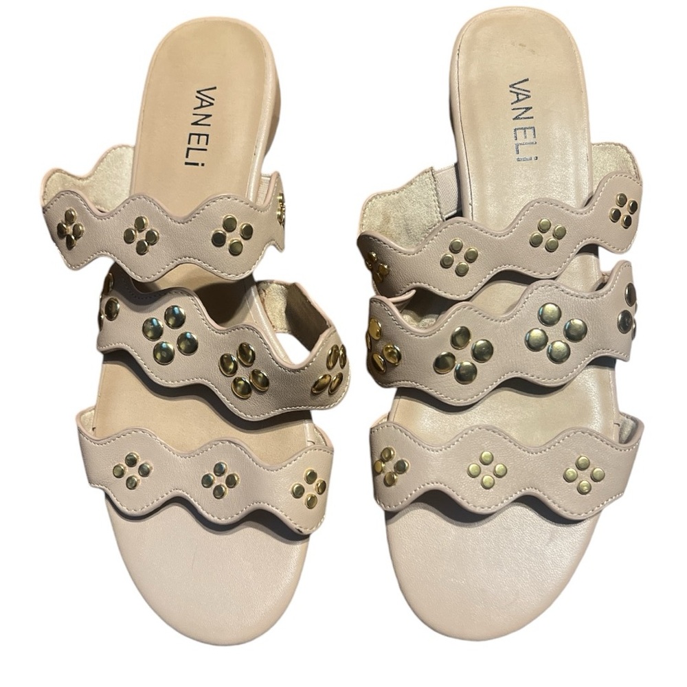Vaneli Sandals Beige Leather Slide with Gold Studs SZ 9.5